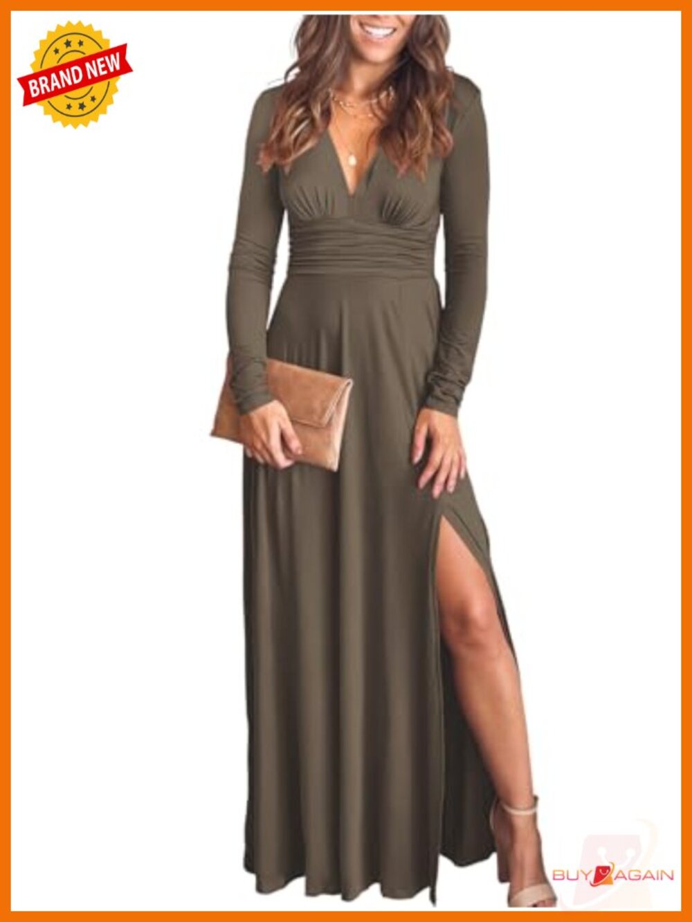 Women Deep V Neck Long Sleeve Maxi Dress Side Slit Formal Wedding Guest